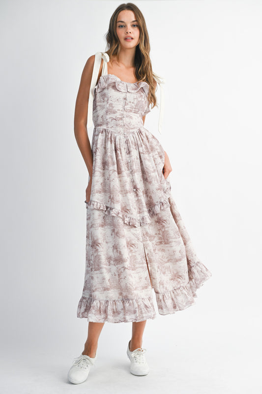 Print Contrast Shoulder Tie Strap Midi