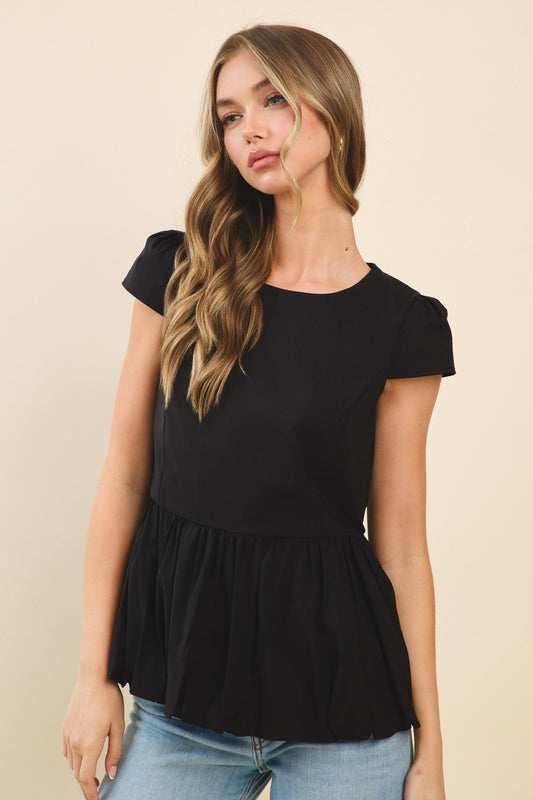 Bubble Hem Poplin Top In Black