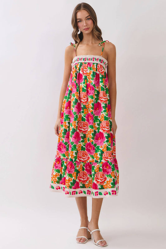 Floral Border Print Tie Strap Midi Dress