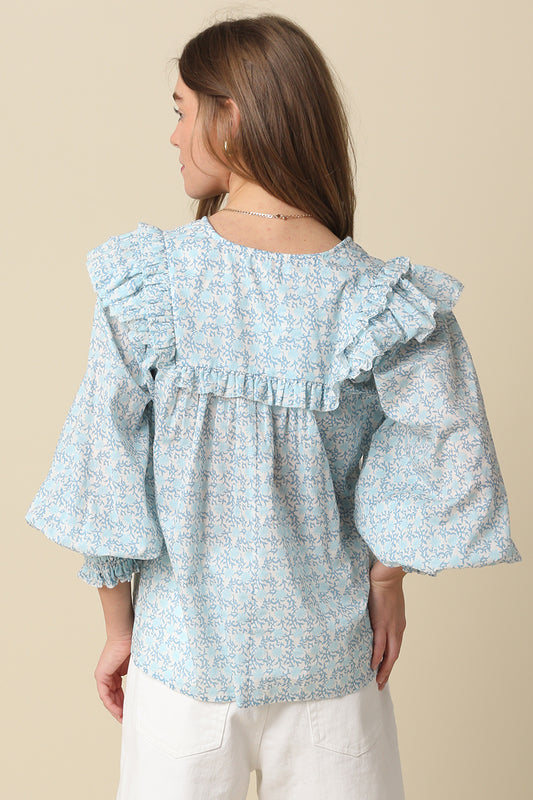Blues In Bloom Ruffle Puffy Sleeve Blouse