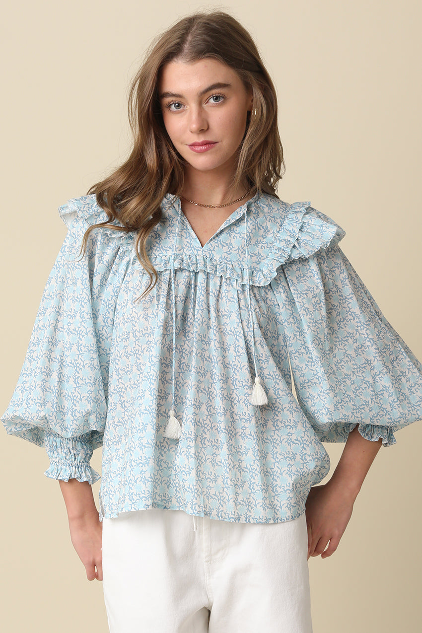 Blues In Bloom Ruffle Puffy Sleeve Blouse