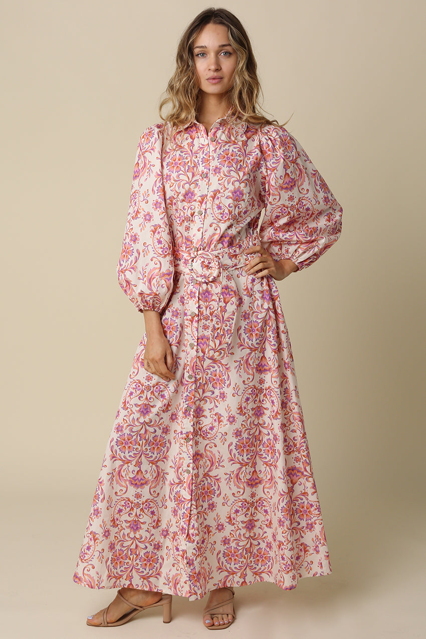 Apricot Floral Belted Maxi Dress