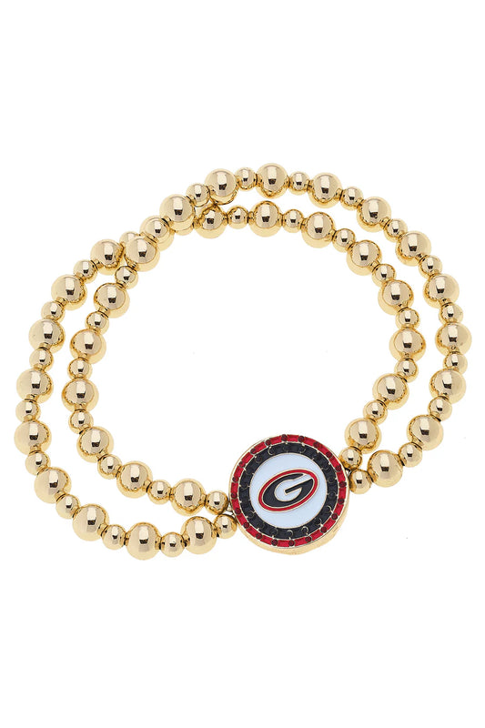 Georgia Bulldogs Pave Disc 2-Row Ball Bead Stretch Bracelet in Shiny Gold
