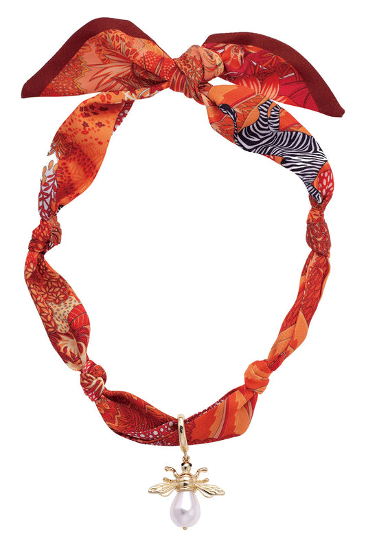 Monroe Pearl Bumble Bee Scarf Necklace in Orange/Red