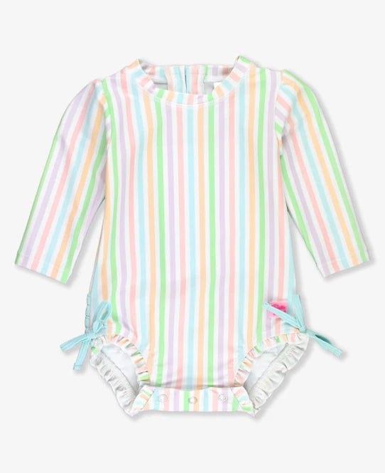 Rufflebutts Pale Rainbow Stripe Rash Guard