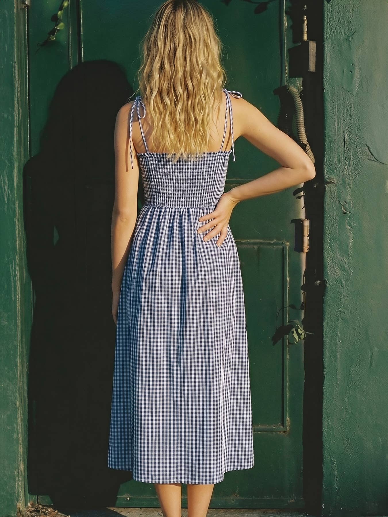 Sleeveless Smocked Gingham Check Cotton Summer Midi Dress