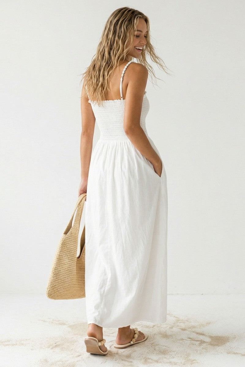 Pom Pom Smocked Maxi in White