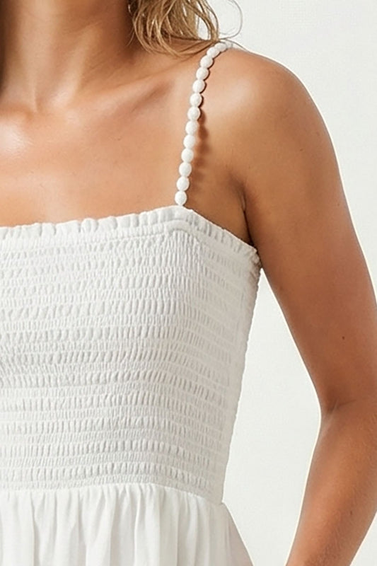 Pom Pom Smocked Maxi in White