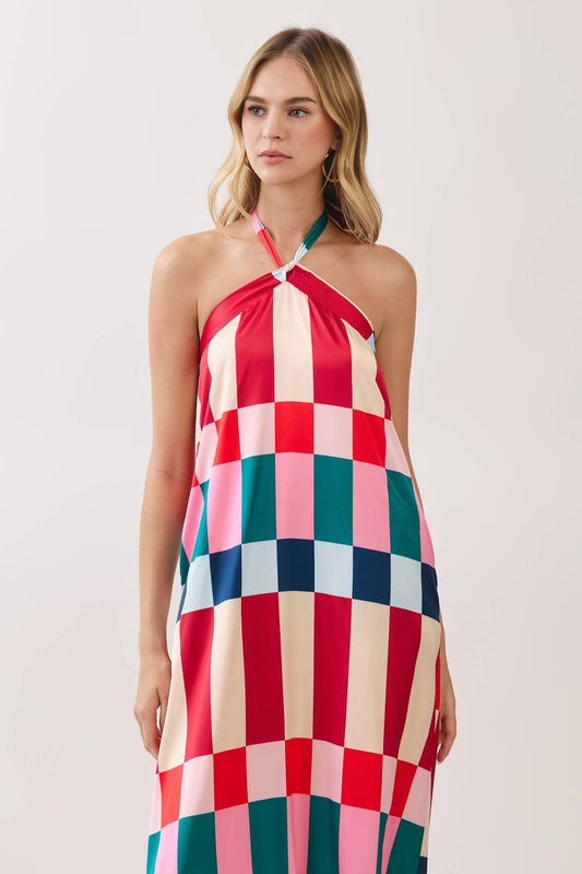 Colorblock Check Halter Maxi Dress