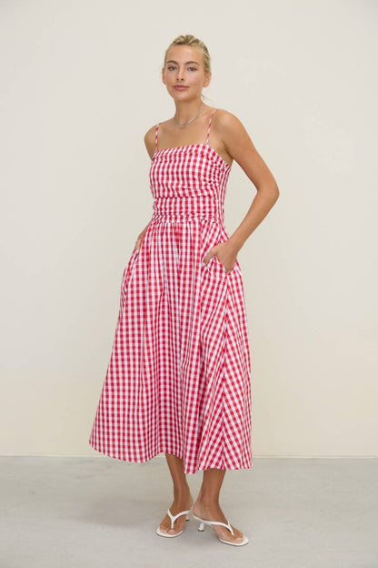 Gingham Spaghetti Strap Midi Dress