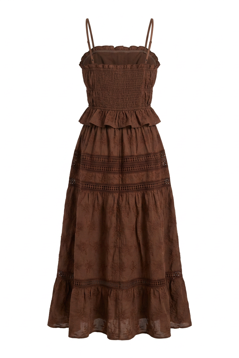 Embroidered Lace Crop Top & Maxi Skirt Set in Brown