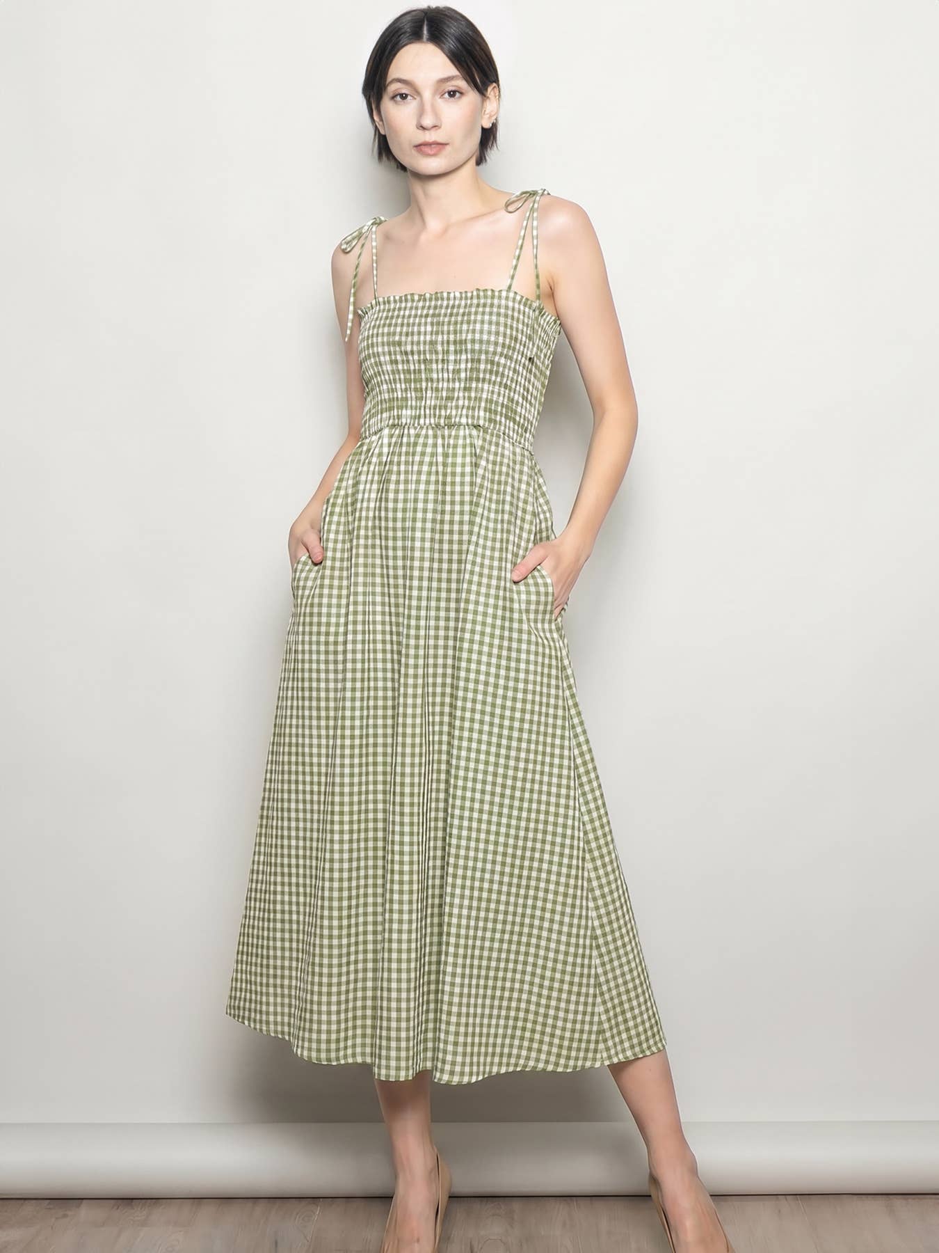 Sleeveless Smocked Gingham Check Cotton Summer Midi Dress