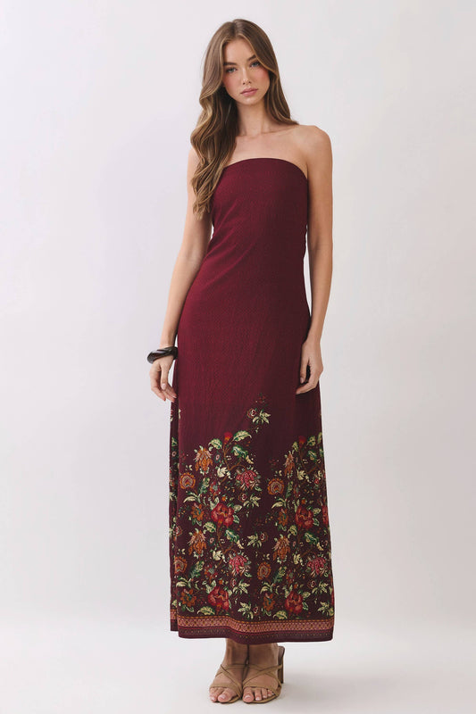 Border Floral Strapless Maxi Dress In Crimson