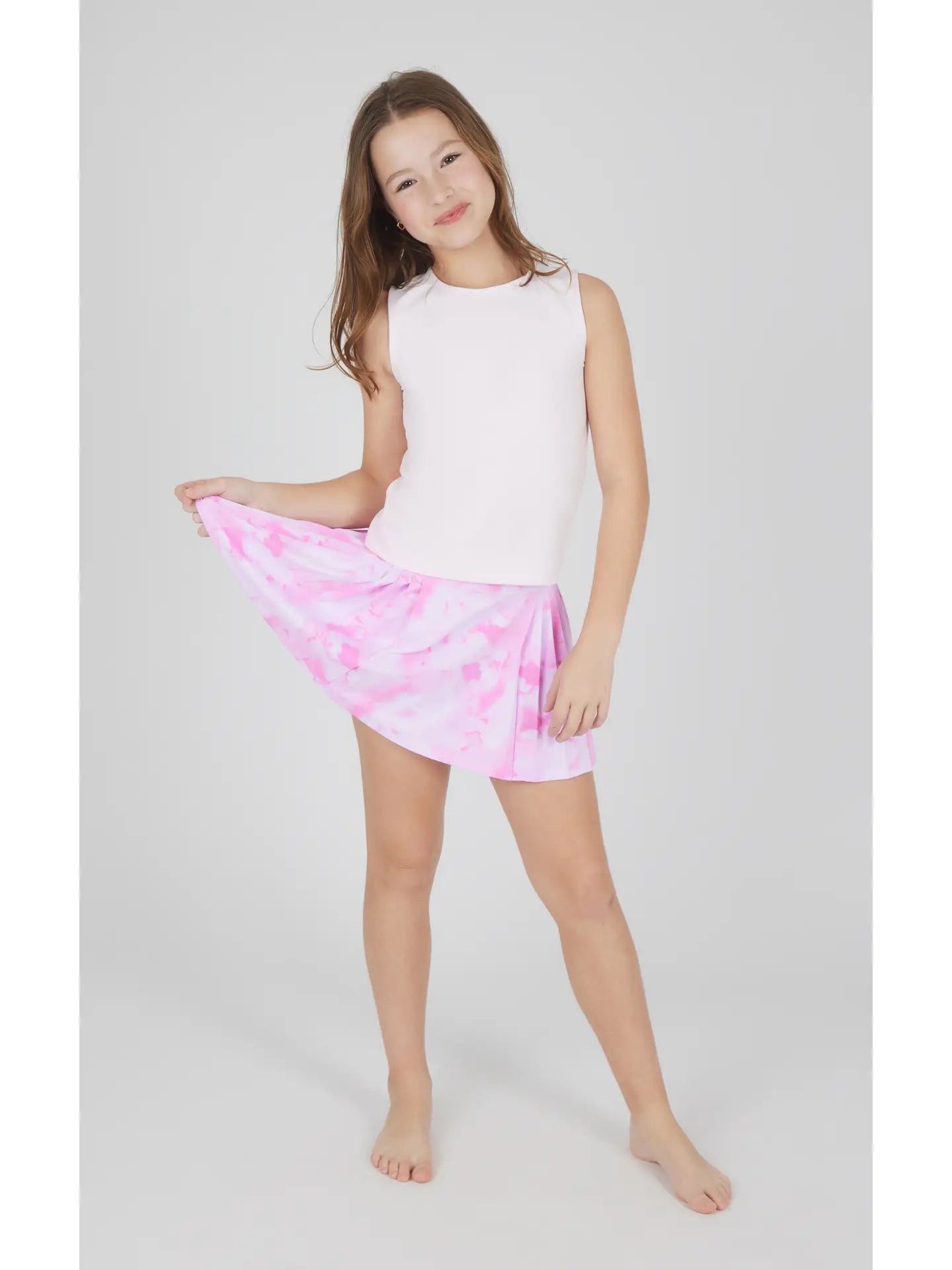 Girls Basic Tank Top and Pleated Skort Tye Die Pink
