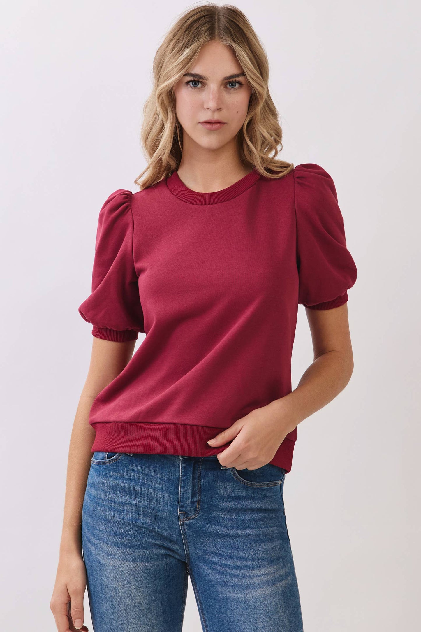 Game Day Crew Neck Short Puff Sleeves Knit Top