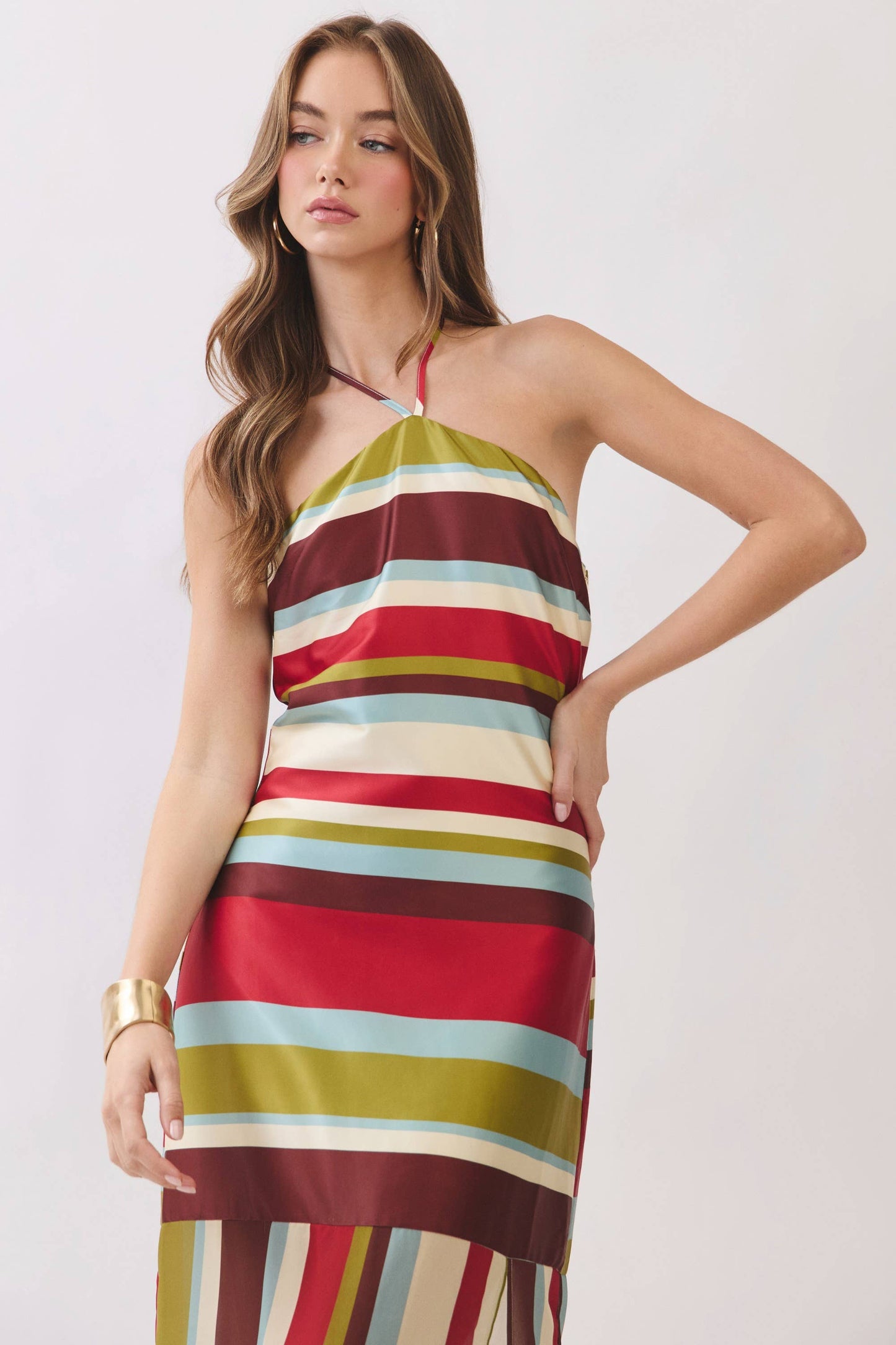 Sunset Stripe Side Slit Halter Maxi Dress