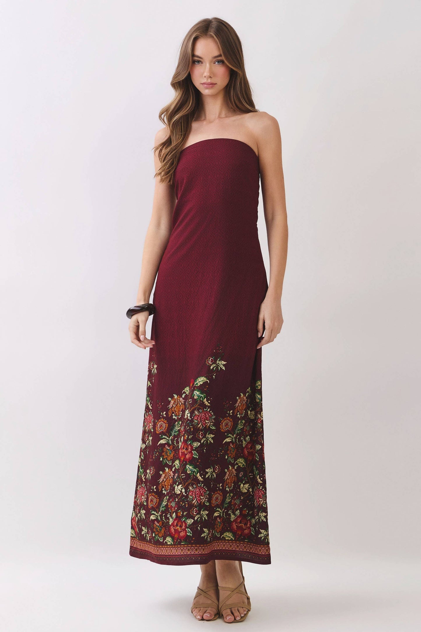 Border Floral Strapless Maxi Dress In Crimson