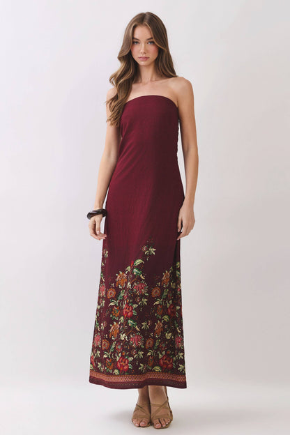 Border Floral Strapless Maxi Dress In Crimson