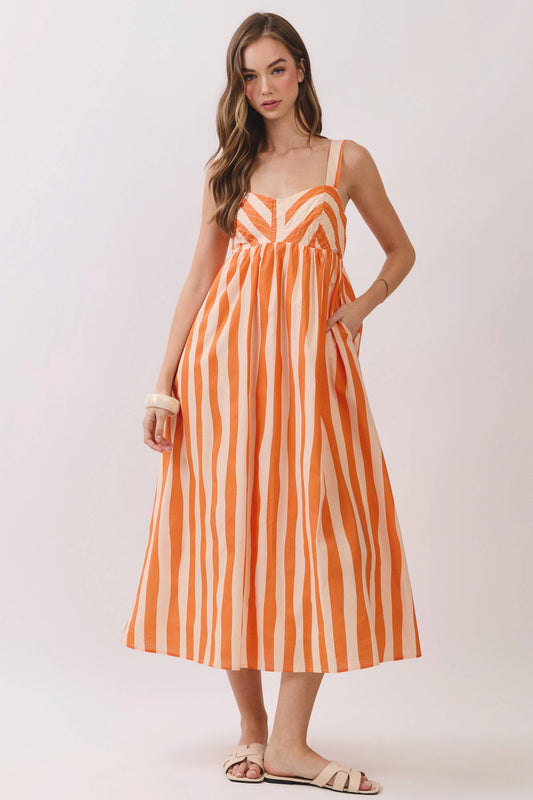 Stripe Empire Waist Midi Dress in Orange Stripe