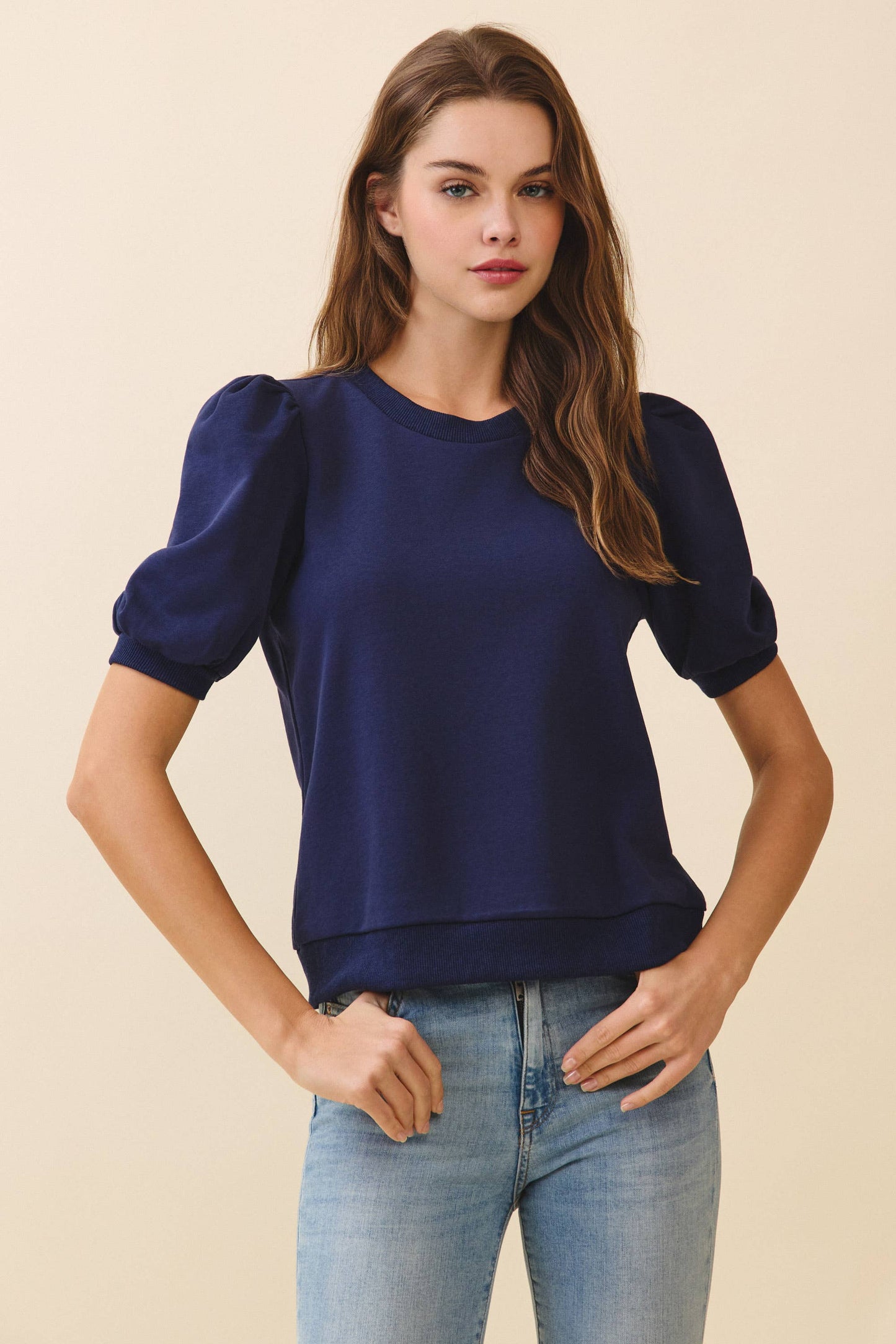 Game Day Crew Neck Short Puff Sleeves Knit Top