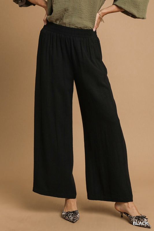 Linen Cotton Wide Leg Pants In Black