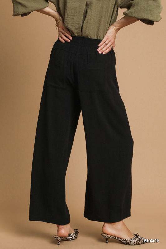 Linen Cotton Wide Leg Pants In Black