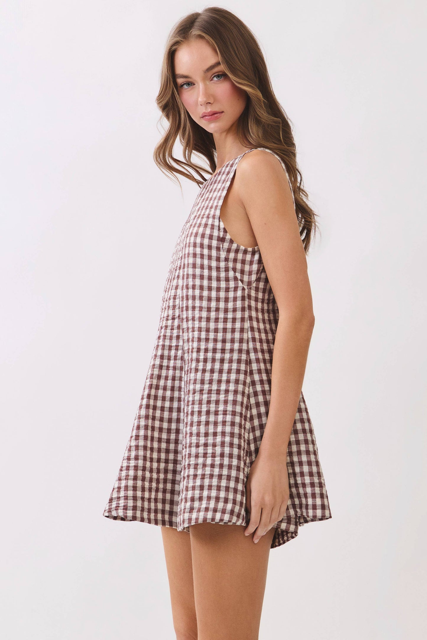 Brown Gingham Sleeveless Baby Doll Romper