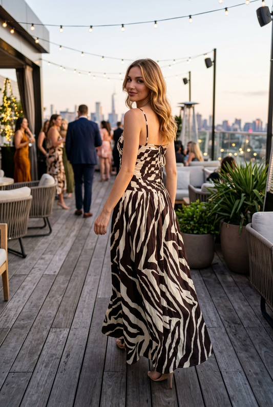 Ruched Animal Print Maxi Dress With Tie Back Detail