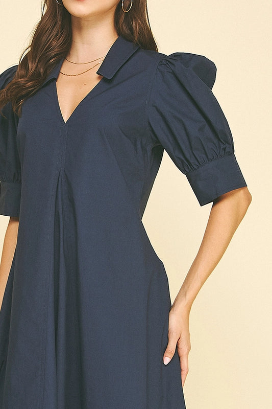Pleated A Line Dress In Deep Navy