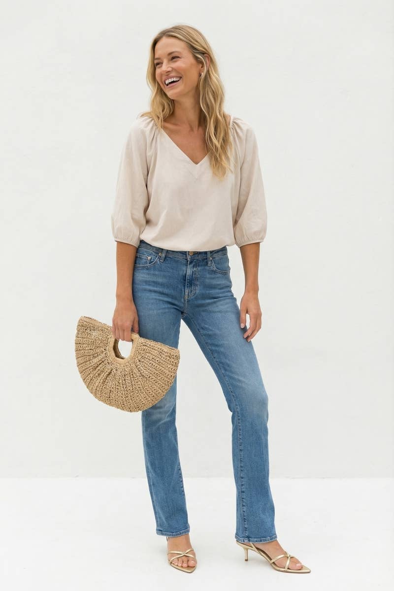 Elastic Puff Sleeve V-neck Blouse