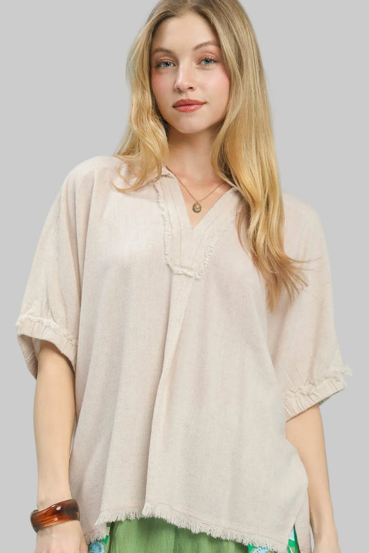 Split Neck Linen Top In Oatmeal