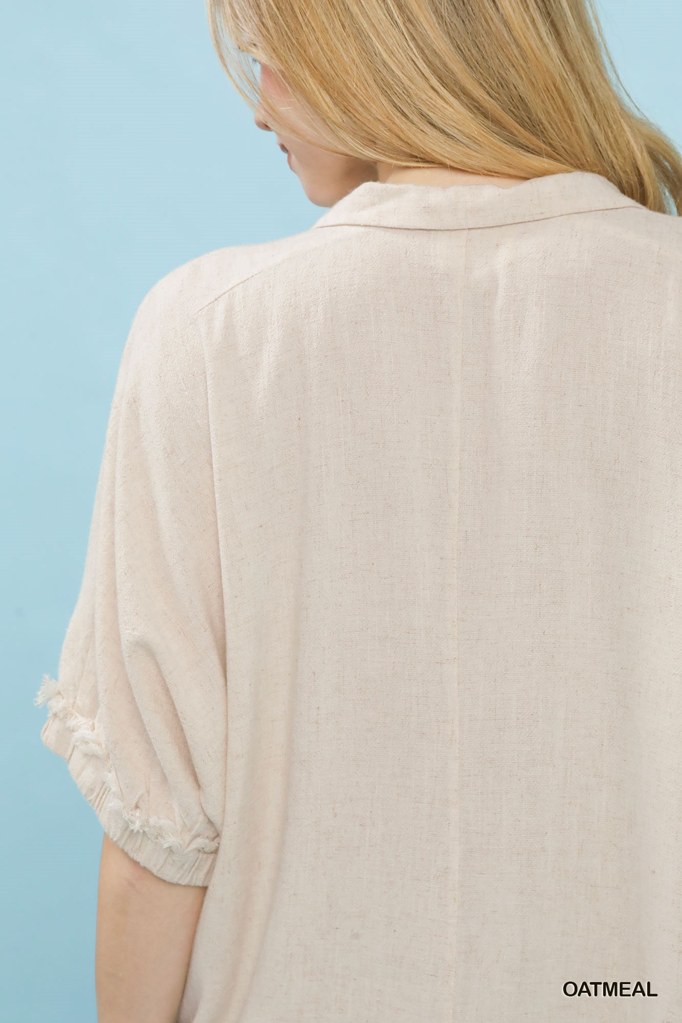 Split Neck Linen Top In Oatmeal