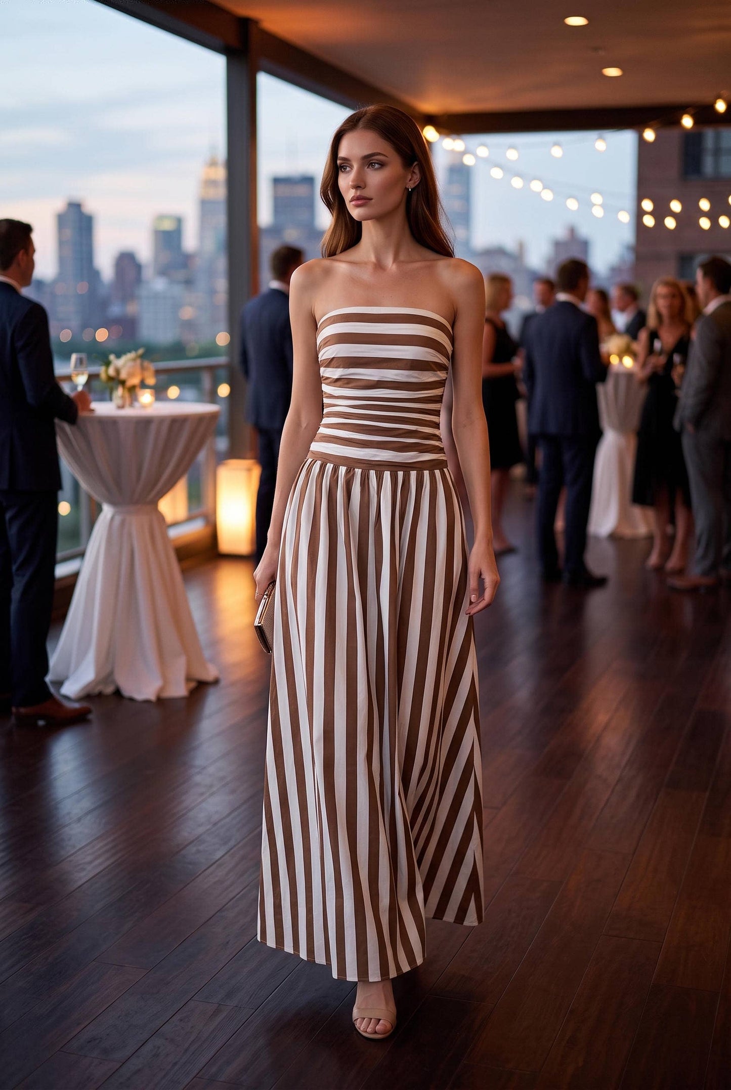 Stripe Ruche Strapless Maxi Dress