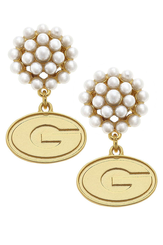 Georgia Bulldogs Pearl Cluster Gold Plated Logo Earrings