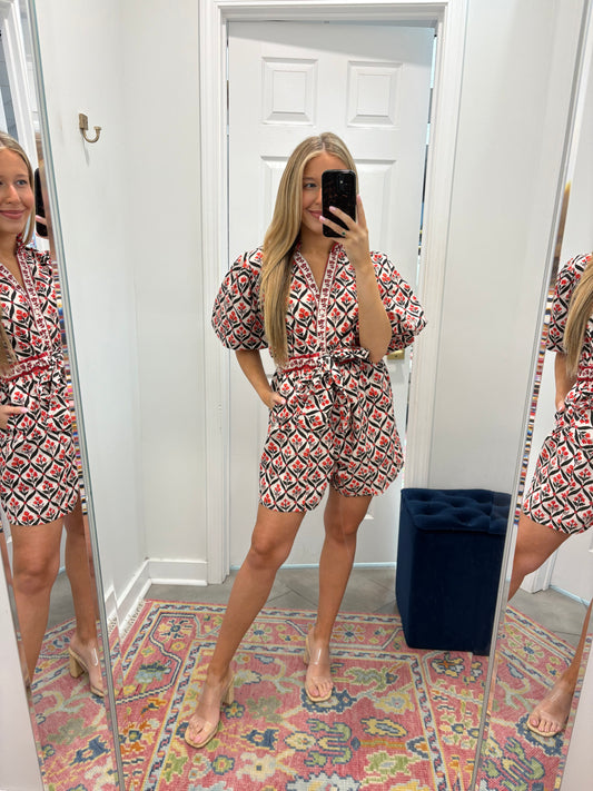 Ruffle Neck Puff Sleeve Romper In Red