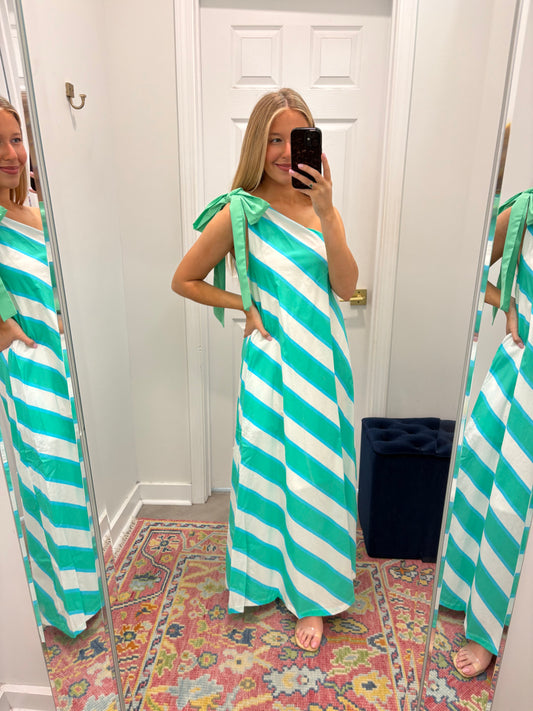 One Shoulder Green And Blue Stripe Dress