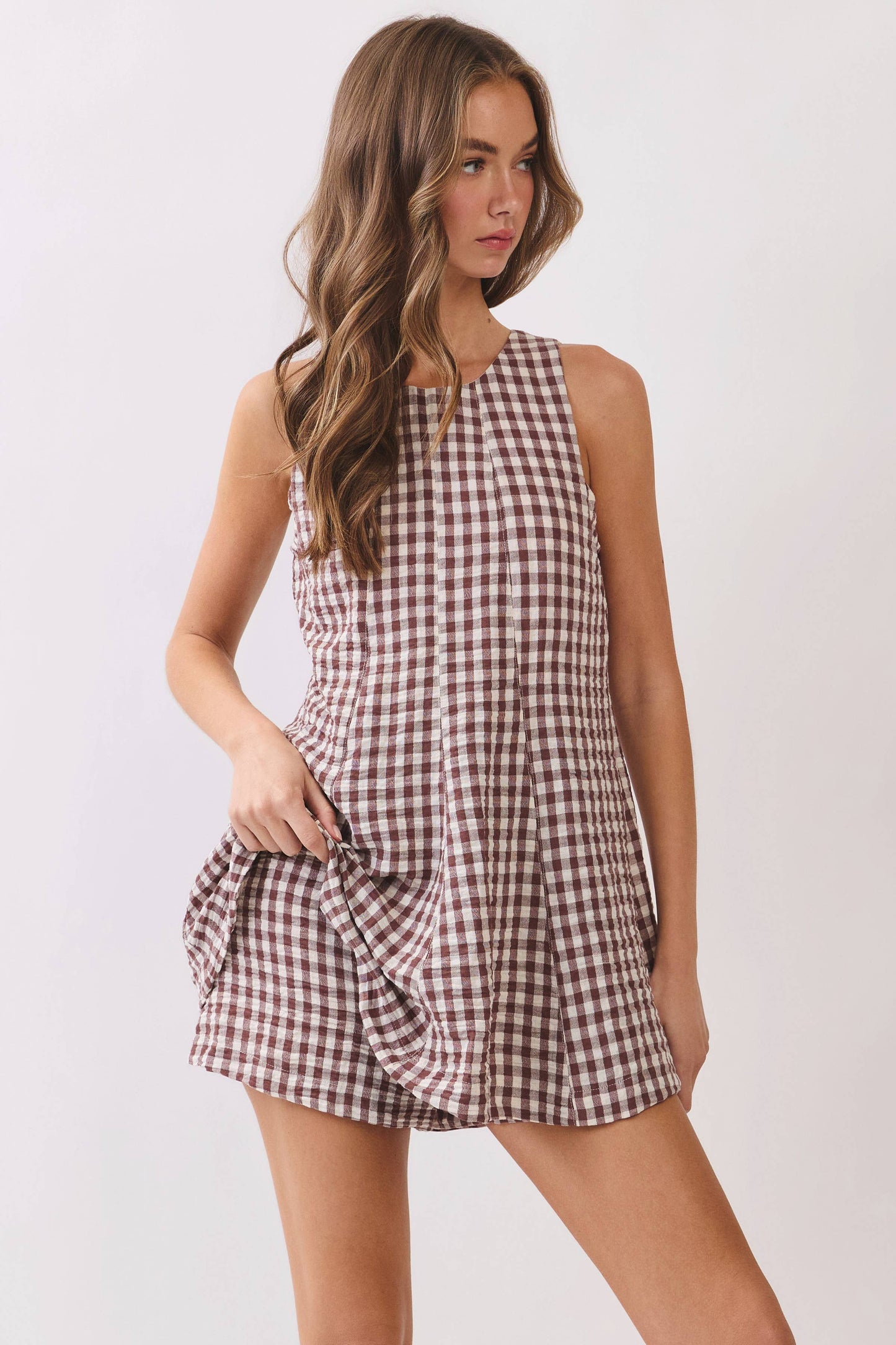 Brown Gingham Sleeveless Baby Doll Romper