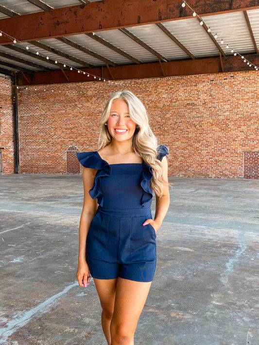 Ruffle Stretch Demin Romper in Navy