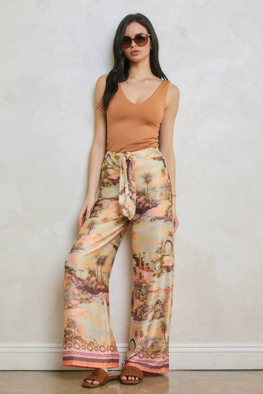 Conversational Border Print Tie Front Relaxed Pants
