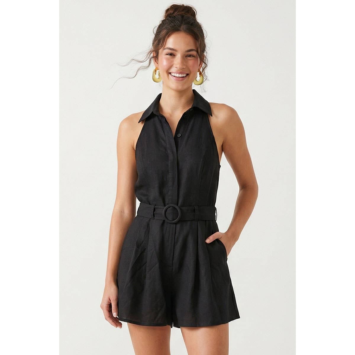 Belted Linen Halter Romper
