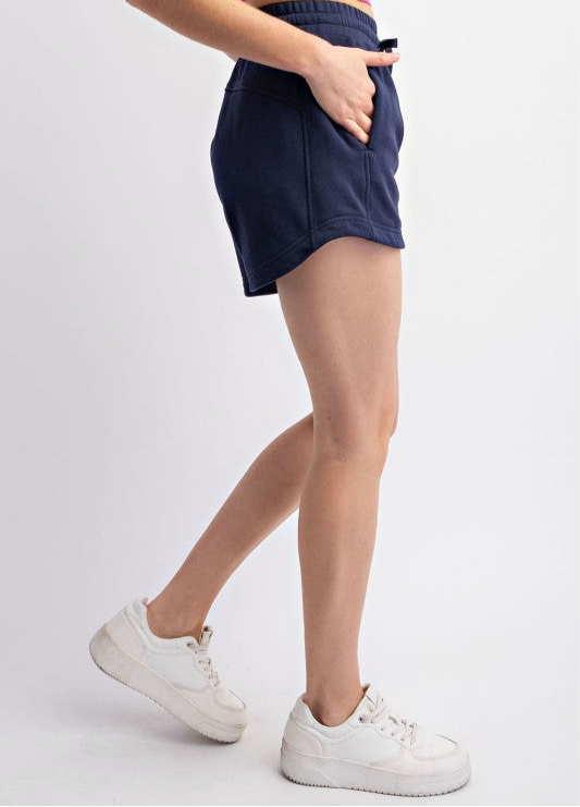 French Terry Long Sleeve Pullover Short Set In Navy