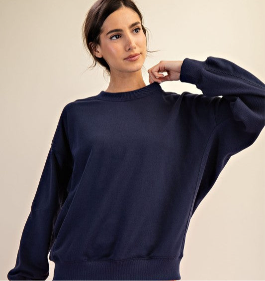 French Terry Long Sleeve Pullover Short Set In Navy