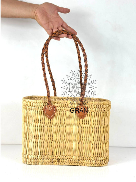 Handwoven Reed Basket with Braided Leather Handles
