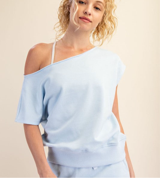 French Terry Off Shoulder Short Set In Ice Blue