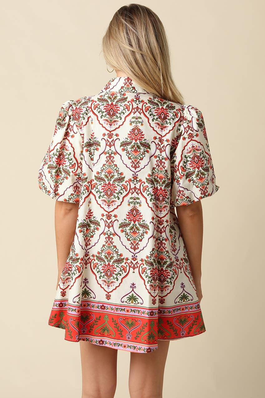 Mary Print Puff Sleeve Mini Dress