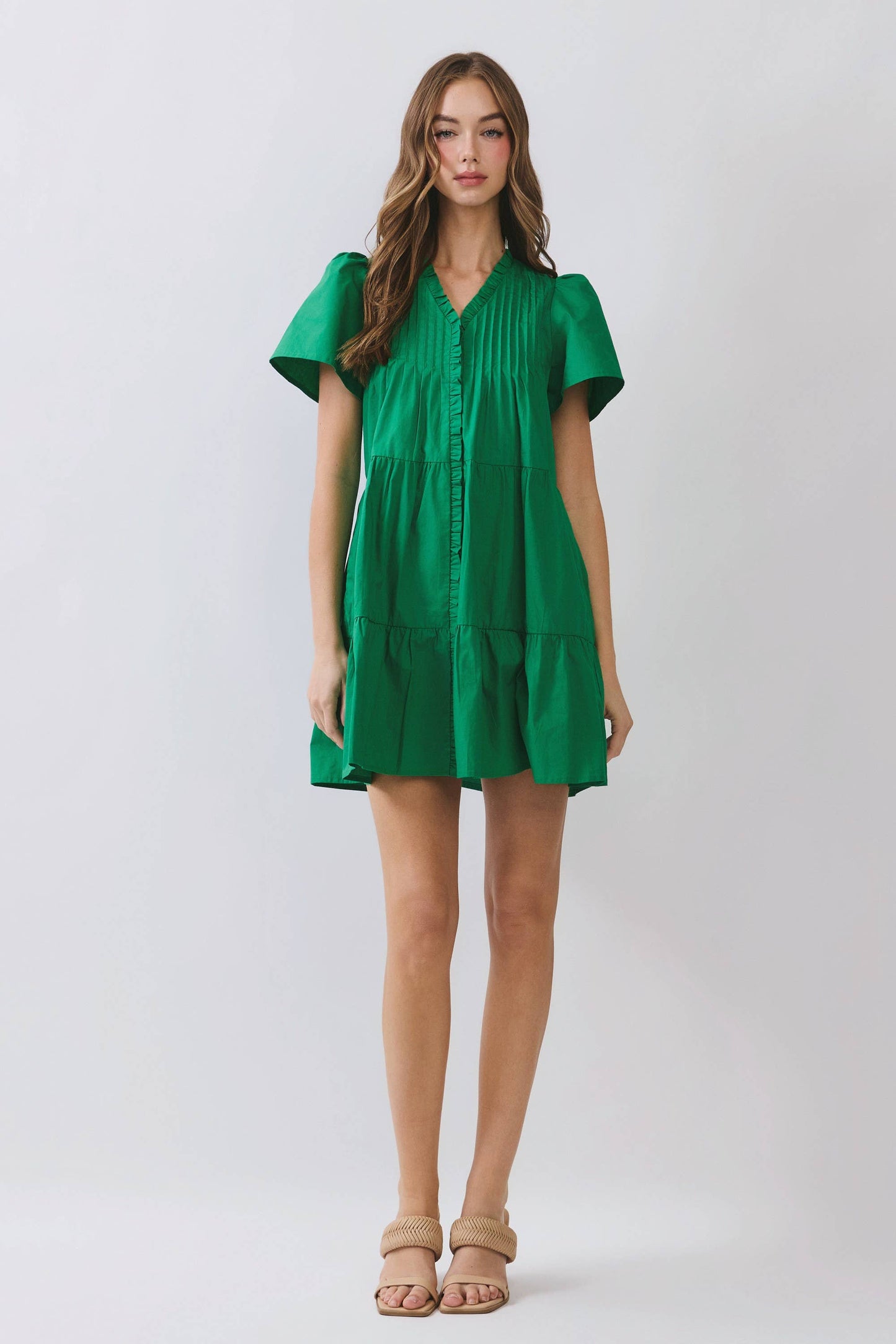 Front Button-Down Pleated Detail Ruffle Mini Dress