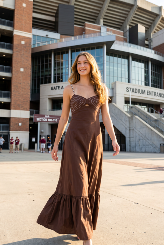 Corset Maxi Dress with Braided Shoulder Strap in Chocolate Brown
