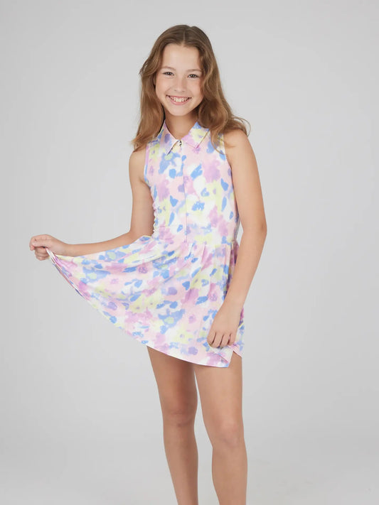 Girls Sip Up Pleated Tennis Dress with Inner Short in Fuzzy Floral