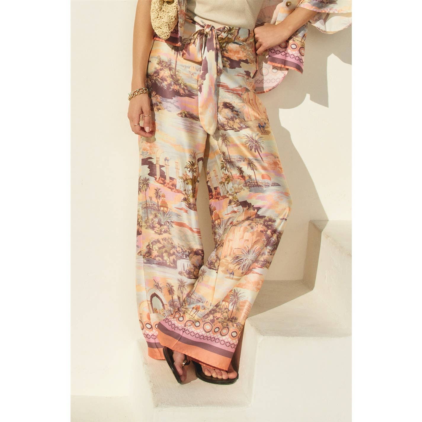 Conversational Border Print Tie Front Relaxed Pants