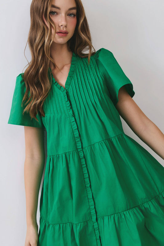 Front Button-Down Pleated Detail Ruffle Mini Dress
